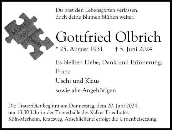 Anzeige von Gottfried Olbrich von Kölner Stadt-Anzeiger / Kölnische Rundschau / Express