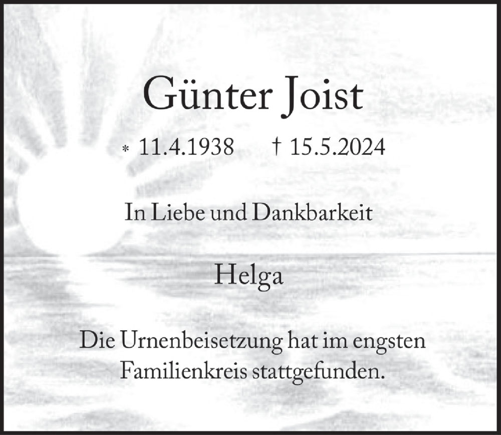  Traueranzeige für Günter Joist vom 14.06.2024 aus  EXPRESS - Die Woche 