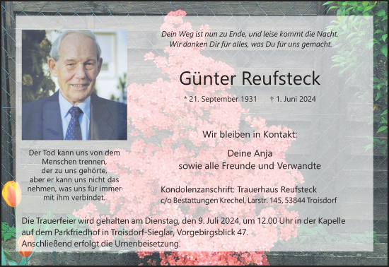 Anzeige von Günter Reufsteck von Kölner Stadt-Anzeiger / Kölnische Rundschau / Express