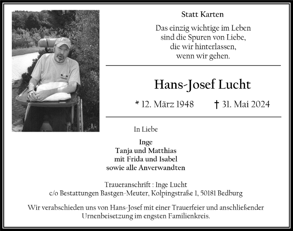  Traueranzeige für Hans-Josef Lucht vom 14.06.2024 aus  Werbepost 