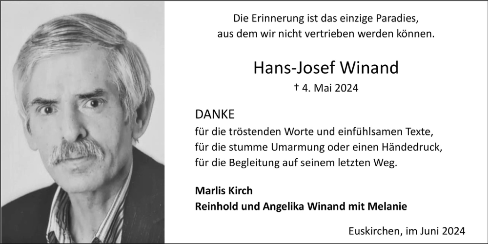  Traueranzeige für Hans-Josef Winand vom 22.06.2024 aus  Blickpunkt Euskirchen 