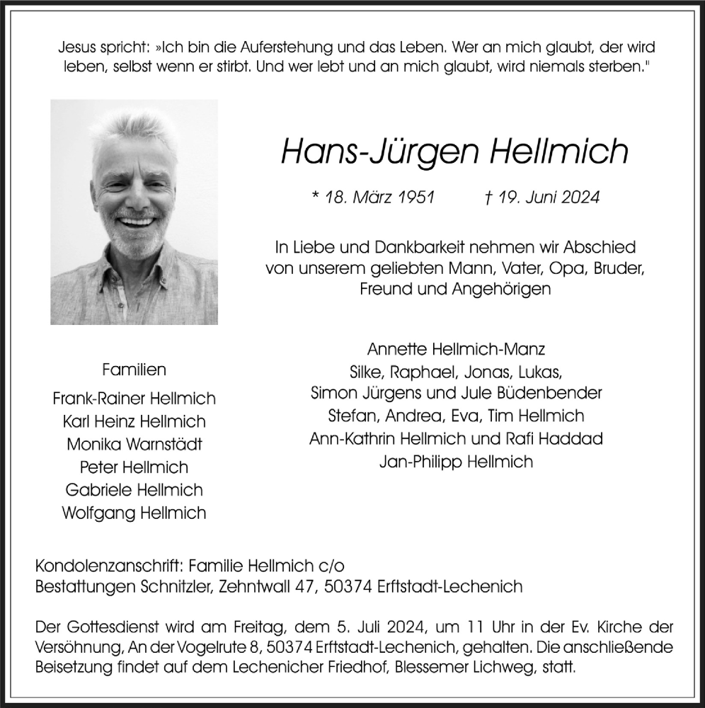  Traueranzeige für Hans-Jürgen Hellmich vom 28.06.2024 aus  Werbepost 