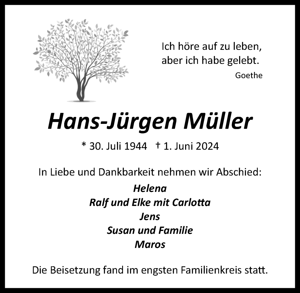  Traueranzeige für Hans-Jürgen Müller vom 21.06.2024 aus  EXPRESS - Die Woche 