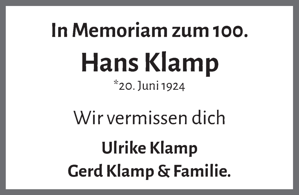  Traueranzeige für Hans Klamp vom 21.06.2024 aus  Schlossbote/Werbekurier 