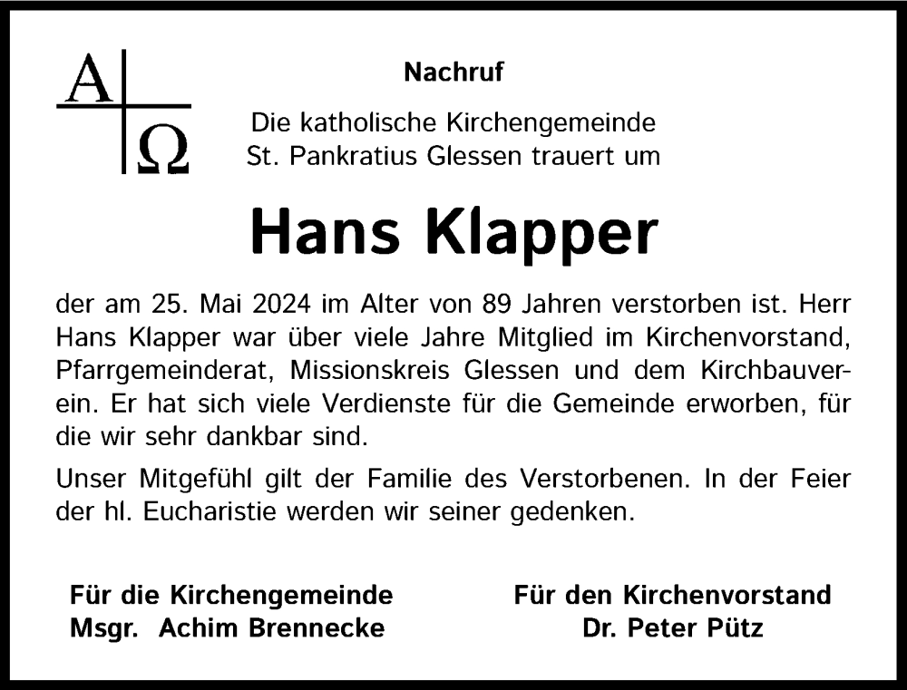  Traueranzeige für Hans Klapper vom 15.06.2024 aus Kölner Stadt-Anzeiger / Kölnische Rundschau / Express