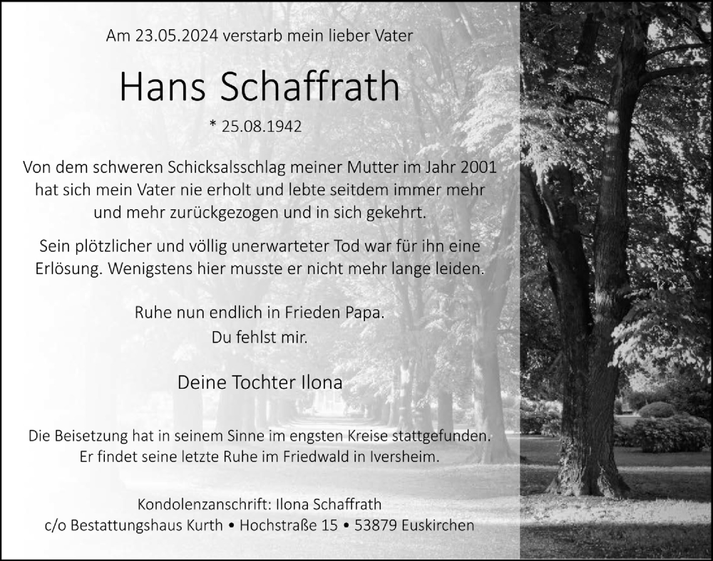  Traueranzeige für Hans Schaffrath vom 18.07.2023 aus  Blickpunkt Euskirchen 