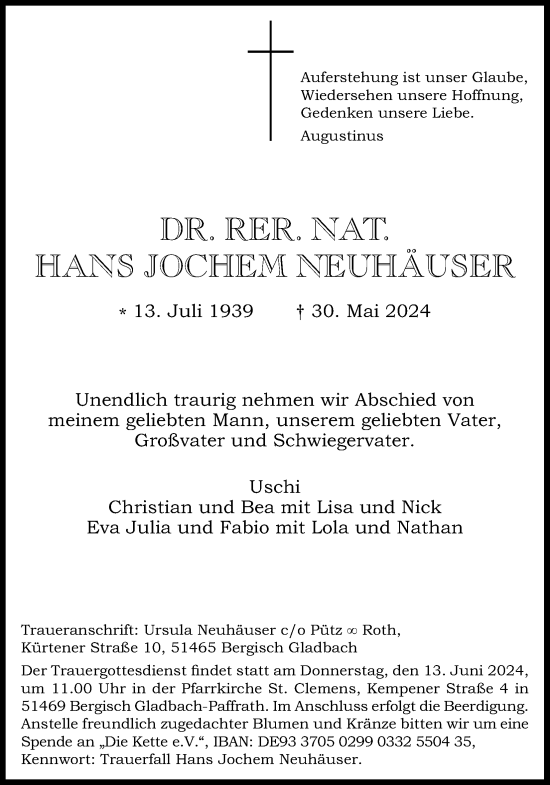 Anzeige von Hans Jochem Neuhäuser von Kölner Stadt-Anzeiger / Kölnische Rundschau / Express