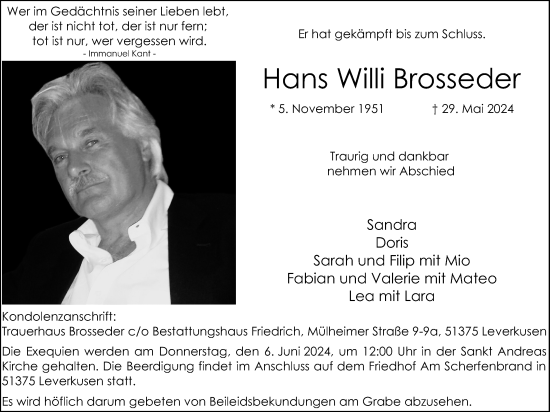 Anzeige von Hans Willi Brosseder von Kölner Stadt-Anzeiger / Kölnische Rundschau / Express