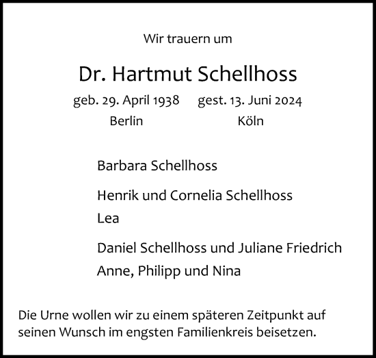 Anzeige von Hartmut Schellhoss von Kölner Stadt-Anzeiger / Kölnische Rundschau / Express