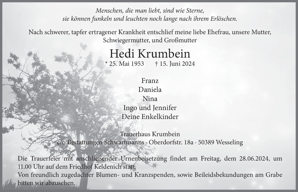  Traueranzeige für Hedi Krumbein vom 21.06.2024 aus  Schlossbote/Werbekurier 