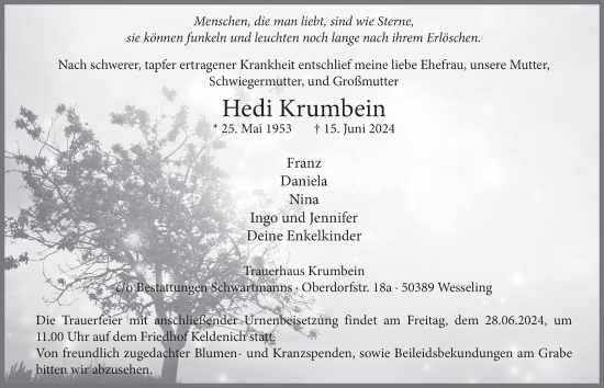 Anzeige von Hedi Krumbein von  Schlossbote/Werbekurier 