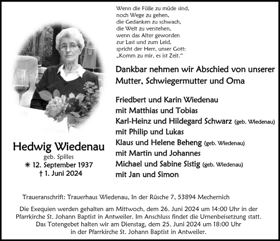 Anzeige von Hedwig Wiedenau von  Blickpunkt Euskirchen 
