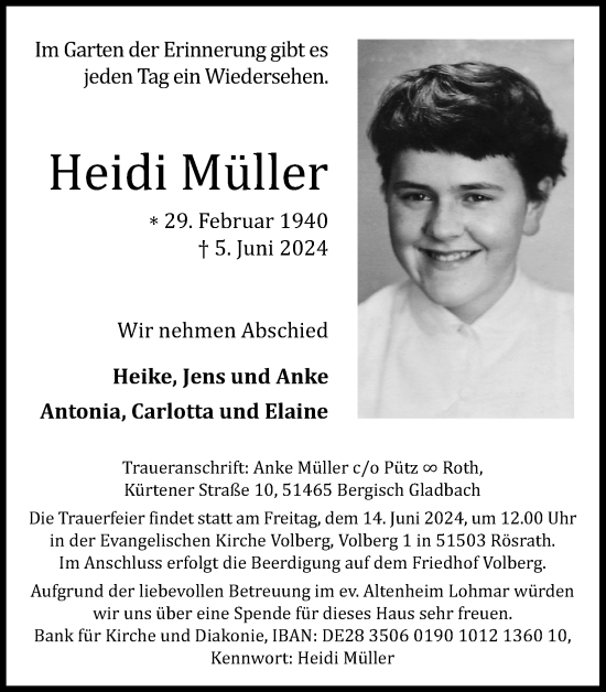 Anzeige von Heidi Müller von Kölner Stadt-Anzeiger / Kölnische Rundschau / Express