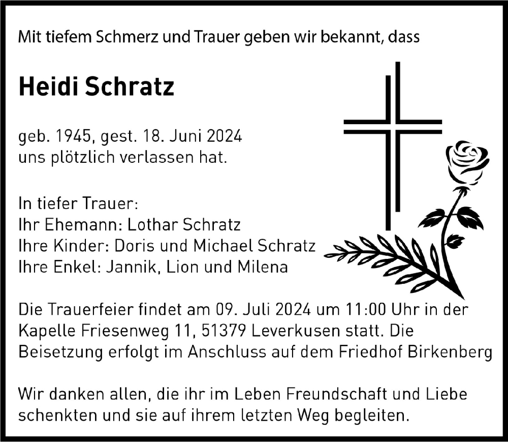  Traueranzeige für Heidi Schratz vom 28.06.2024 aus  Lokale Informationen 