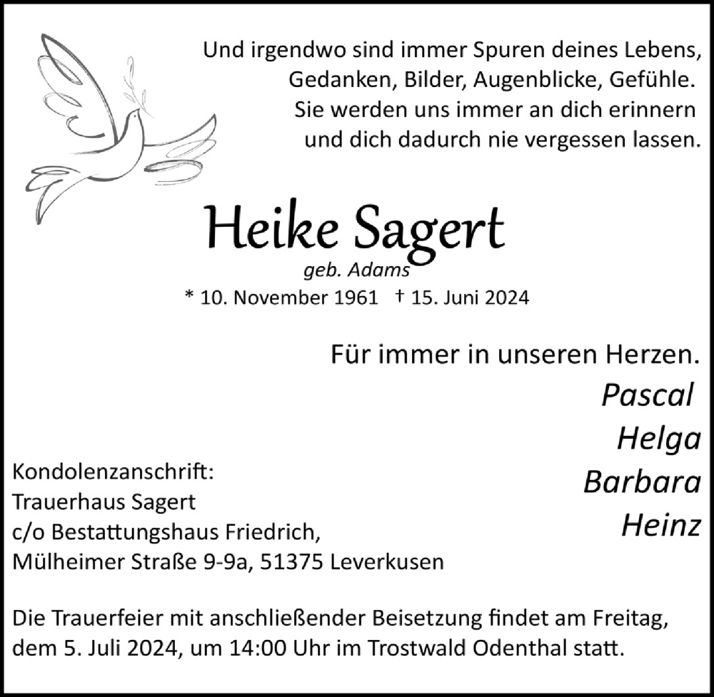  Traueranzeige für Heike Sagert vom 28.06.2024 aus  Lokale Informationen 