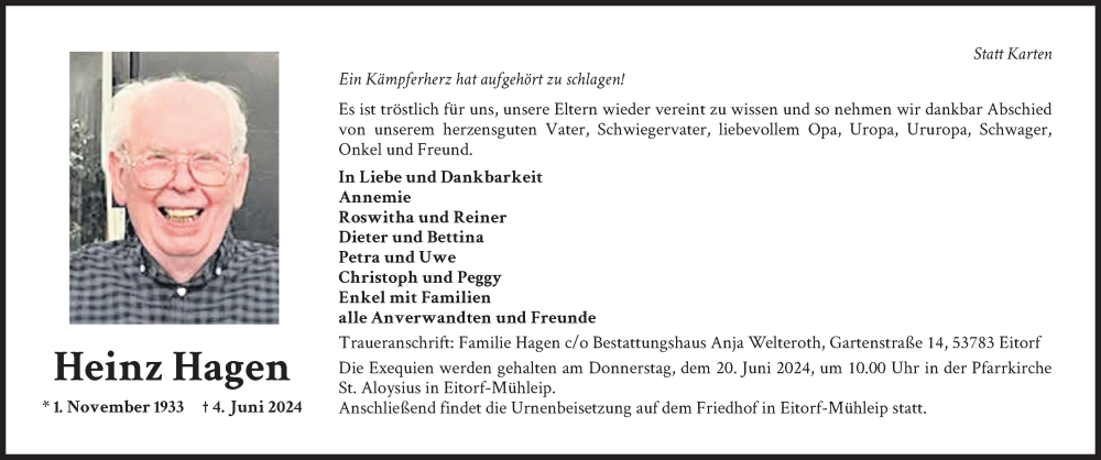  Traueranzeige für Heinz Hagen vom 15.06.2024 aus Kölner Stadt-Anzeiger / Kölnische Rundschau / Express