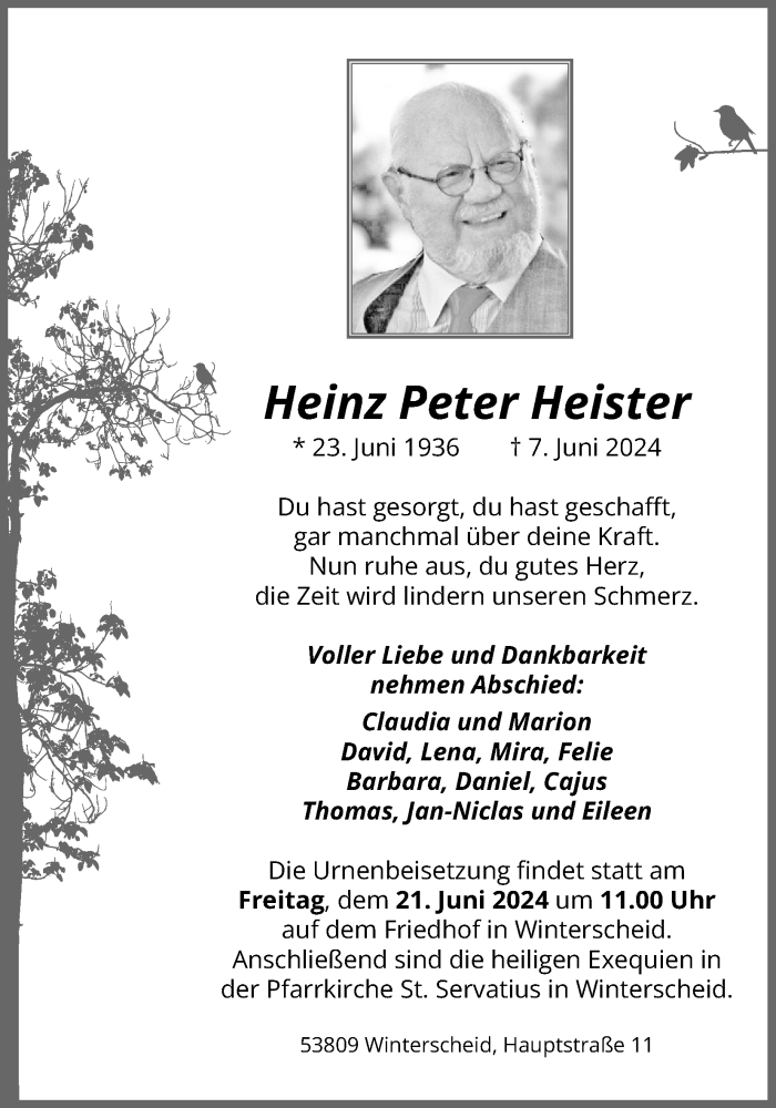  Traueranzeige für Heinz  Heister vom 13.06.2024 aus Kölner Stadt-Anzeiger / Kölnische Rundschau / Express