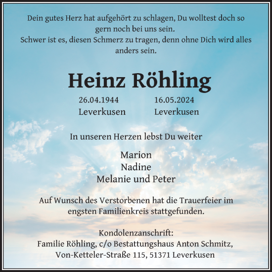 Anzeige von Heinz Röhling von Kölner Stadt-Anzeiger / Kölnische Rundschau / Express
