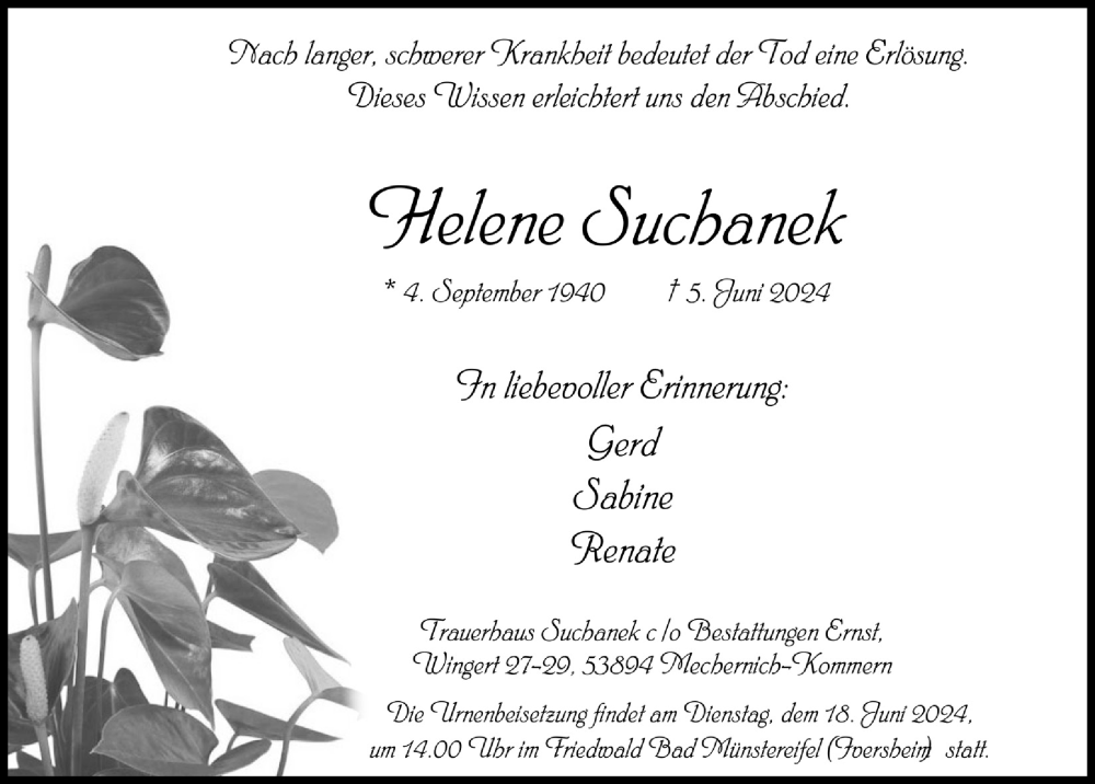  Traueranzeige für Helene Suchanek vom 08.06.2024 aus  Blickpunkt Euskirchen 