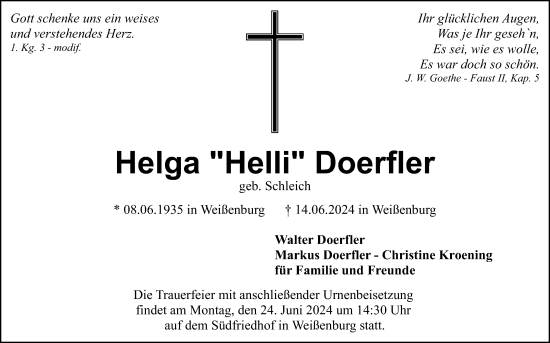 Anzeige von Helga Doerfler von Kölner Stadt-Anzeiger / Kölnische Rundschau / Express