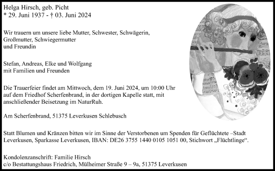 Anzeige von Helga Hirsch von Kölner Stadt-Anzeiger / Kölnische Rundschau / Express