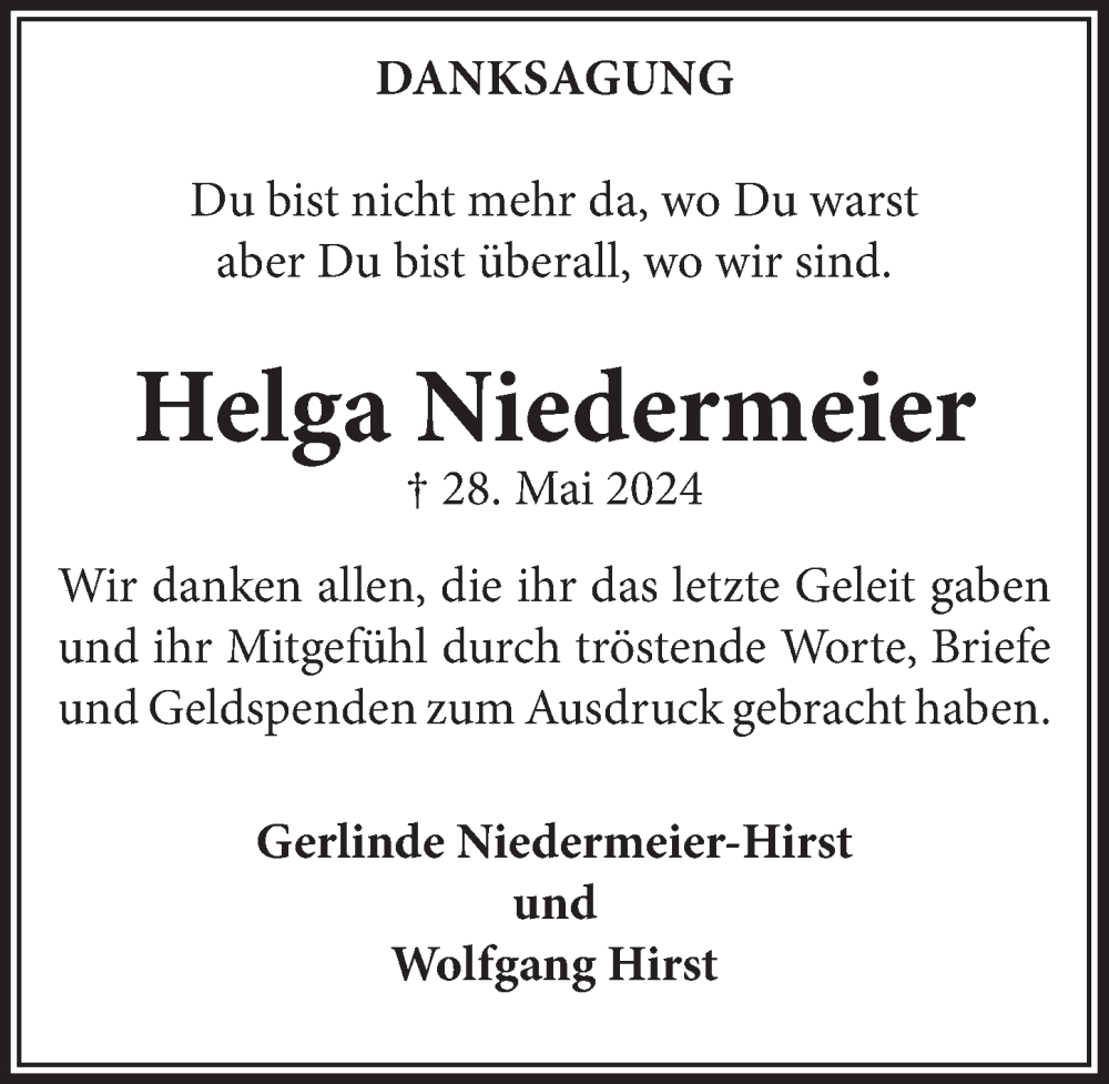  Traueranzeige für Helga Niedermeier vom 21.06.2024 aus  Schaufenster/Blickpunkt 