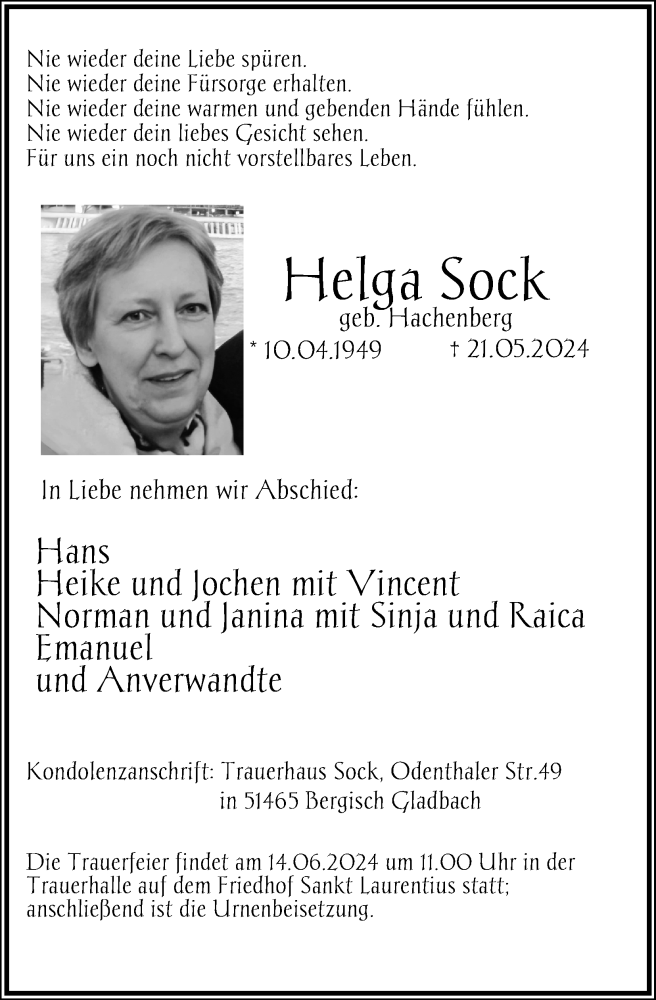  Traueranzeige für Helga Sock vom 08.06.2024 aus Kölner Stadt-Anzeiger / Kölnische Rundschau / Express