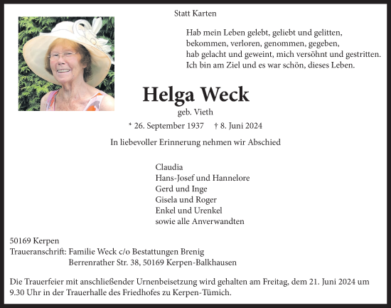 Anzeige von Helga Weck von  Werbepost 