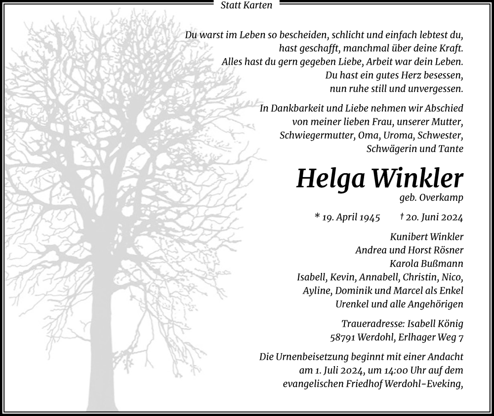  Traueranzeige für Helga Winkler vom 28.06.2024 aus Kölner Stadt-Anzeiger / Kölnische Rundschau / Express