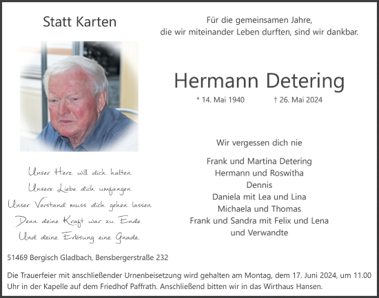 Anzeige von Hermann Detering von  Bergisches Handelsblatt 
