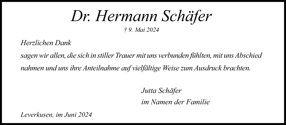  Traueranzeige für Hermann Schäfer vom 15.06.2024 aus Kölner Stadt-Anzeiger / Kölnische Rundschau / Express