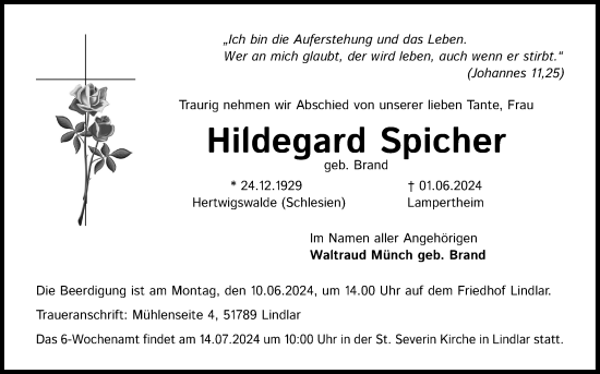 Anzeige von Hildegard Spicher von Kölner Stadt-Anzeiger / Kölnische Rundschau / Express