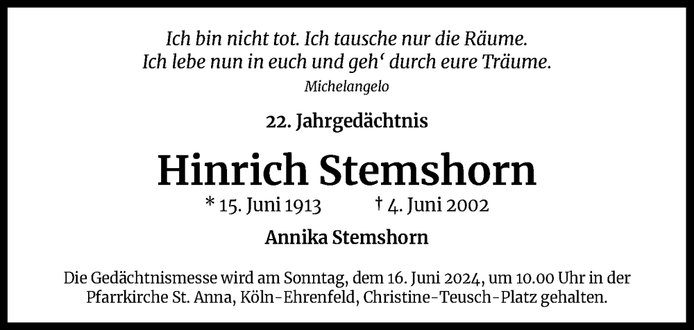  Traueranzeige für Hinrich Stemshorn vom 18.07.2023 aus Kölner Stadt-Anzeiger / Kölnische Rundschau / Express