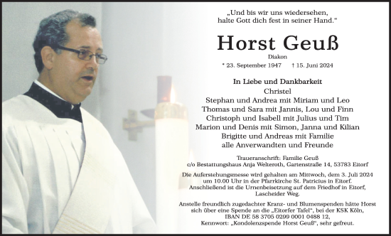 Anzeige von Horst Geuß von Kölner Stadt-Anzeiger / Kölnische Rundschau / Express