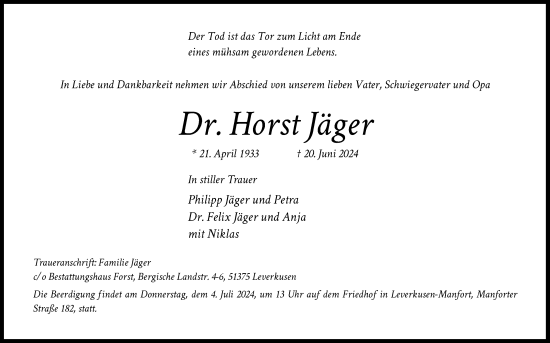 Anzeige von Horst Jäger von Kölner Stadt-Anzeiger / Kölnische Rundschau / Express