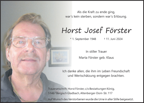 Anzeige von Horst Josef Förster von  Bergisches Handelsblatt 