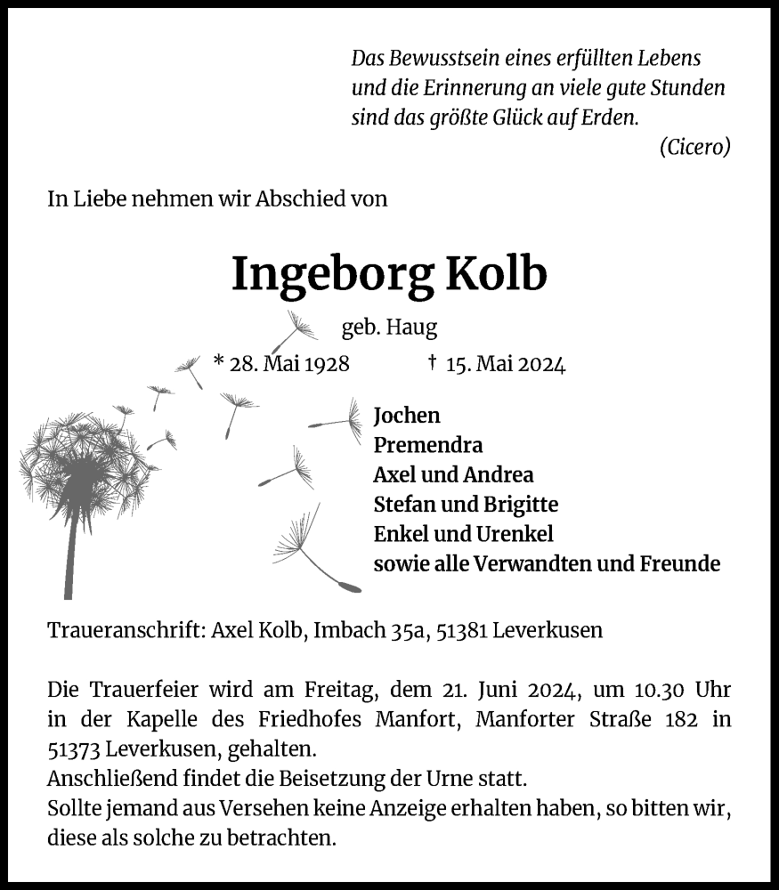  Traueranzeige für Ingeborg Kolb vom 08.06.2024 aus Kölner Stadt-Anzeiger / Kölnische Rundschau / Express