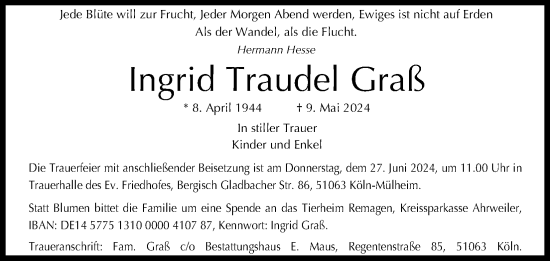 Anzeige von Ingrid Traudel Graß von Kölner Stadt-Anzeiger / Kölnische Rundschau / Express