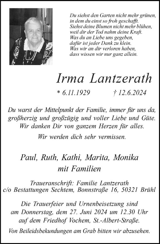 Anzeige von Irma Lantzerath von  Schlossbote/Werbekurier 