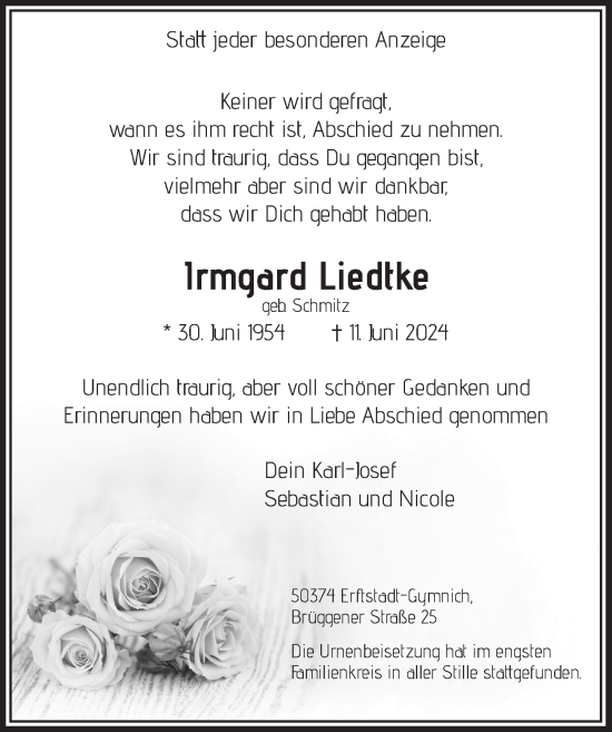 Anzeige von Irmgard Liedtke von  Werbepost 