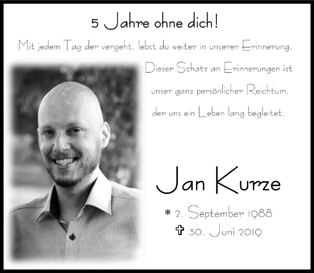  Traueranzeige für Jan Kurze vom 18.07.2023 aus  Anzeigen Echo 