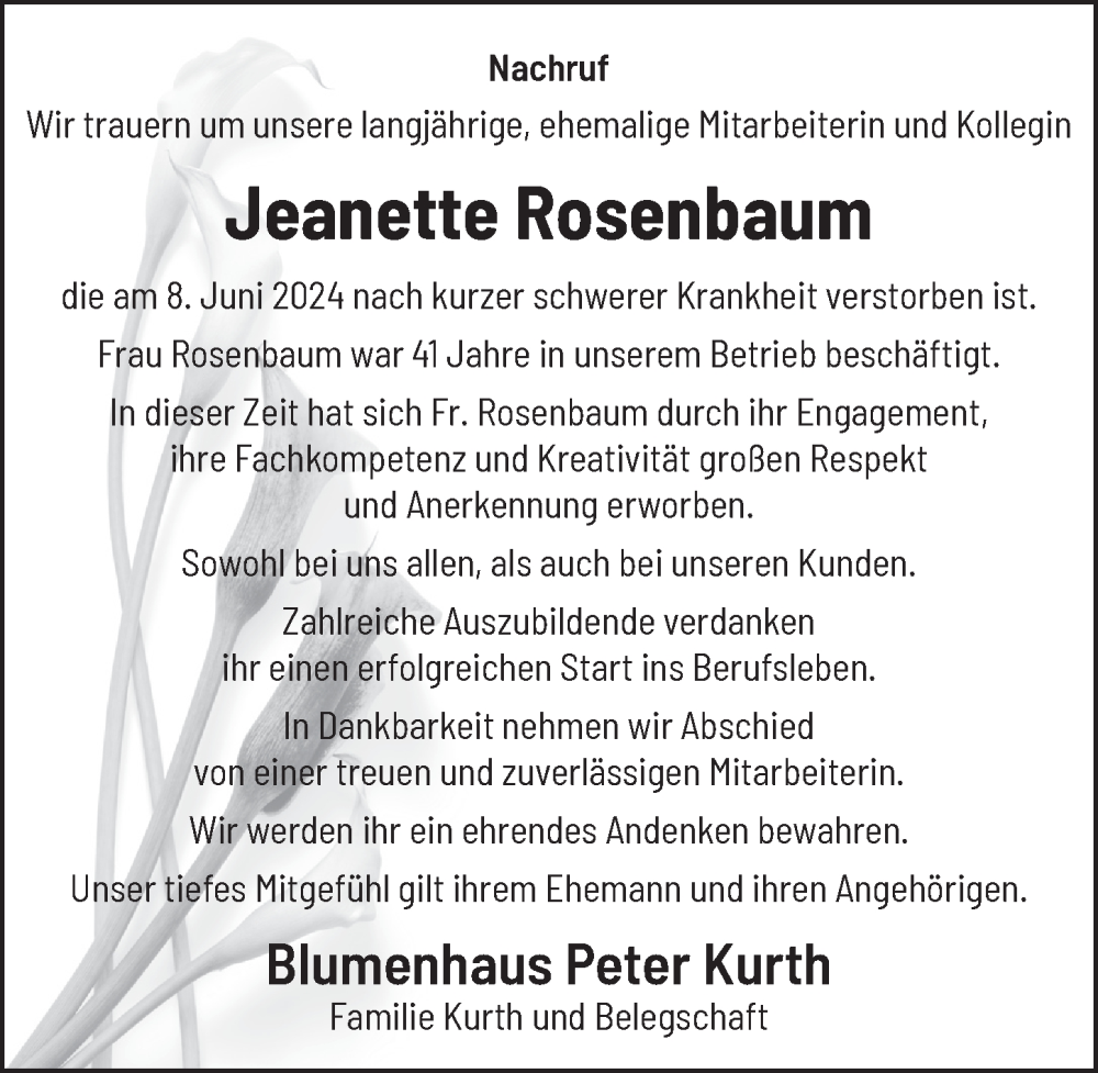  Traueranzeige für Jeanette Rosenbaum vom 15.06.2024 aus  Blickpunkt Euskirchen 