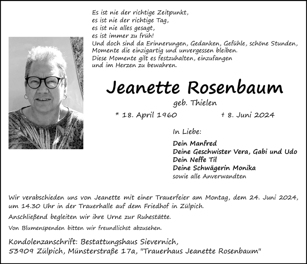  Traueranzeige für Jeanette Rosenbaum vom 15.06.2024 aus  Blickpunkt Euskirchen 