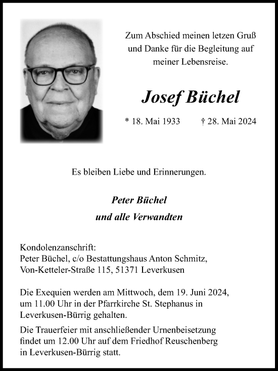 Anzeige von Josef Büchel von Kölner Stadt-Anzeiger / Kölnische Rundschau / Express