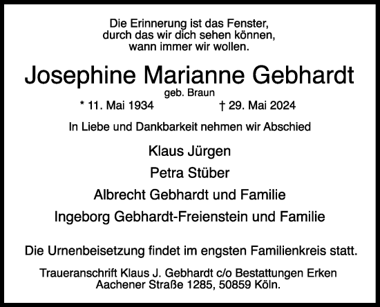 Anzeige von Josephine Marianne Gebhardt von Kölner Stadt-Anzeiger / Kölnische Rundschau / Express