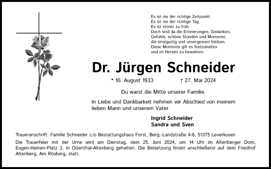 Anzeige von Jürgen Schneider von Kölner Stadt-Anzeiger / Kölnische Rundschau / Express