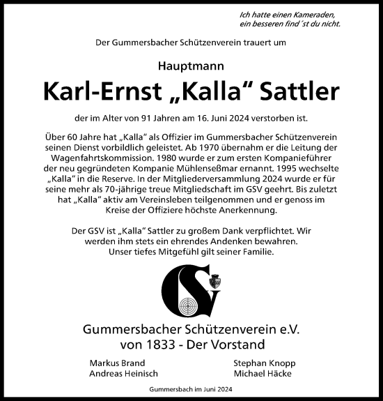Anzeige von Karl-Ernst Sattler von Kölner Stadt-Anzeiger / Kölnische Rundschau / Express