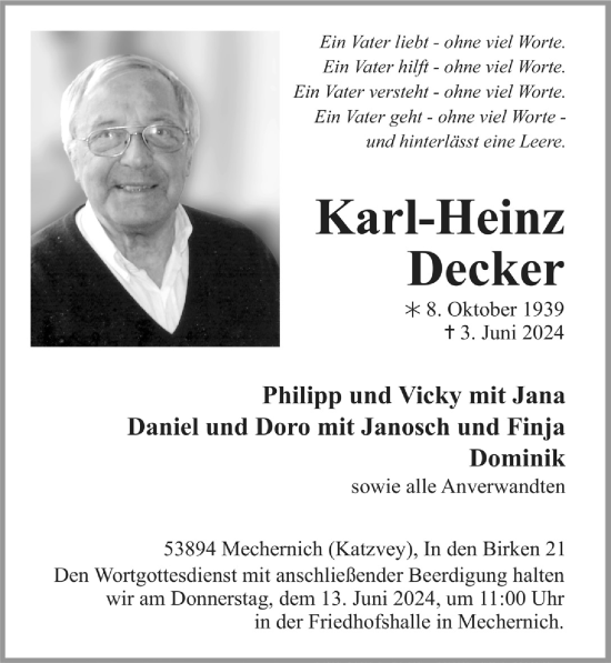 Anzeige von Karl-Heinz Decker von  Blickpunkt Euskirchen 