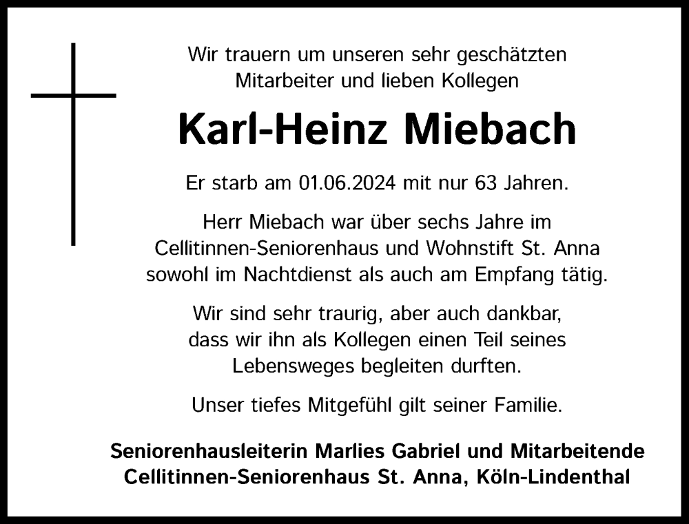  Traueranzeige für Karl-Heinz Miebach vom 08.06.2024 aus Kölner Stadt-Anzeiger / Kölnische Rundschau / Express
