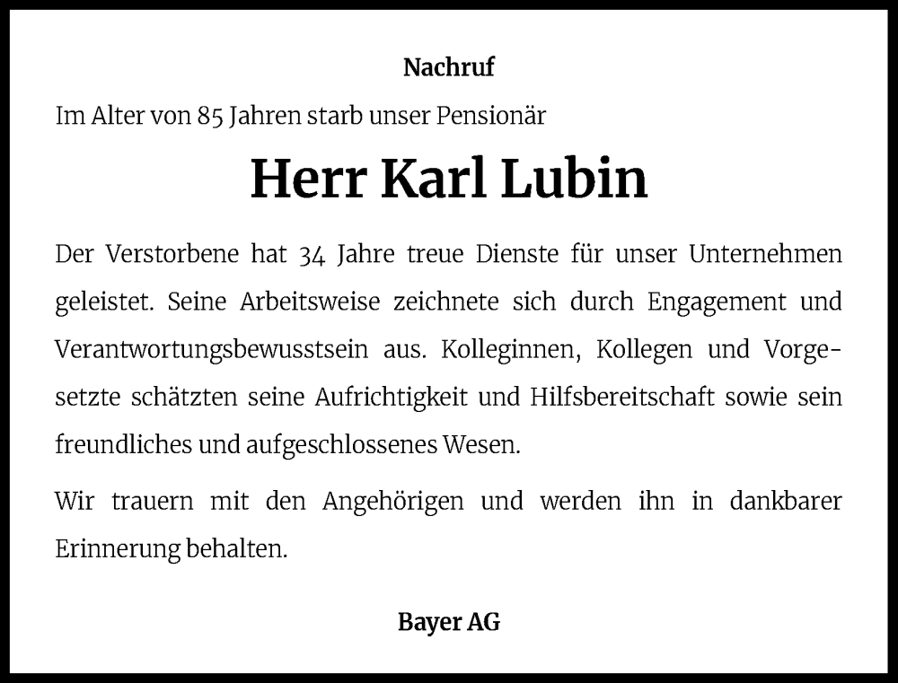  Traueranzeige für Karl Lubin vom 12.06.2024 aus Kölner Stadt-Anzeiger / Kölnische Rundschau / Express
